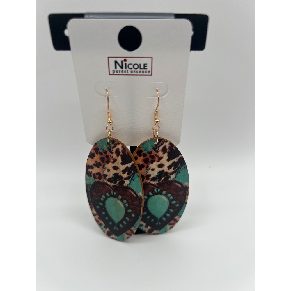 Nicole Purest Essence Wood Oval Drop Earrings Leopard Heart Turquoise Western